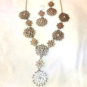 Boho necklace earrings matching set silver blue orange lotus flower dahlia